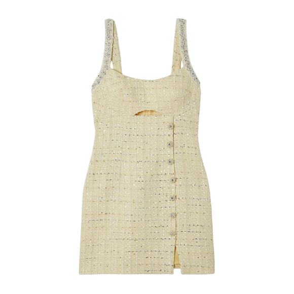 Self-Portrait Embellished Yellow Polyester Cutout Metallic Tweed Mini Dress - Picture 1 of 5